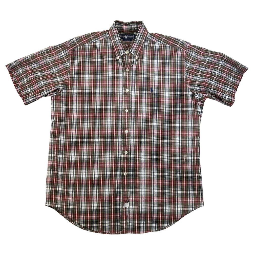 Ralph Lauren Shirt Mens Large Plaid Seersucker Short Sleeve Button Down Vintage